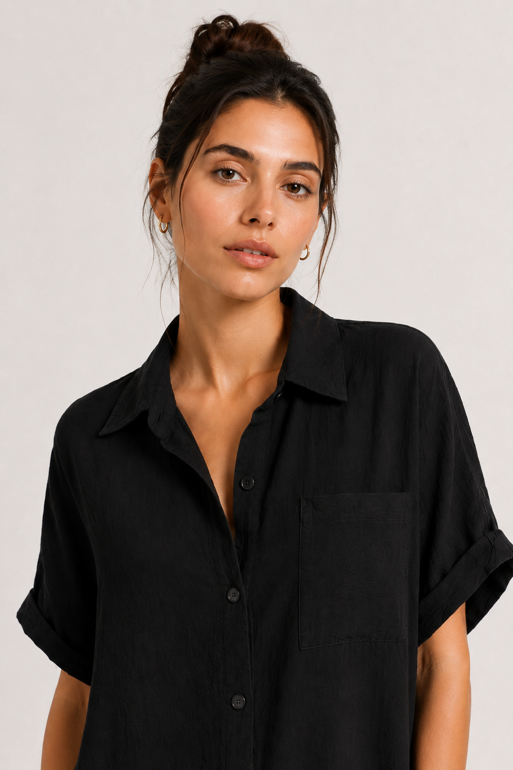 Womens solid onyx black short sleeve button down collared shirt dress