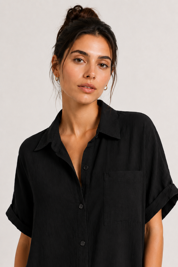 Womens solid onyx black short sleeve button down collared shirt dress