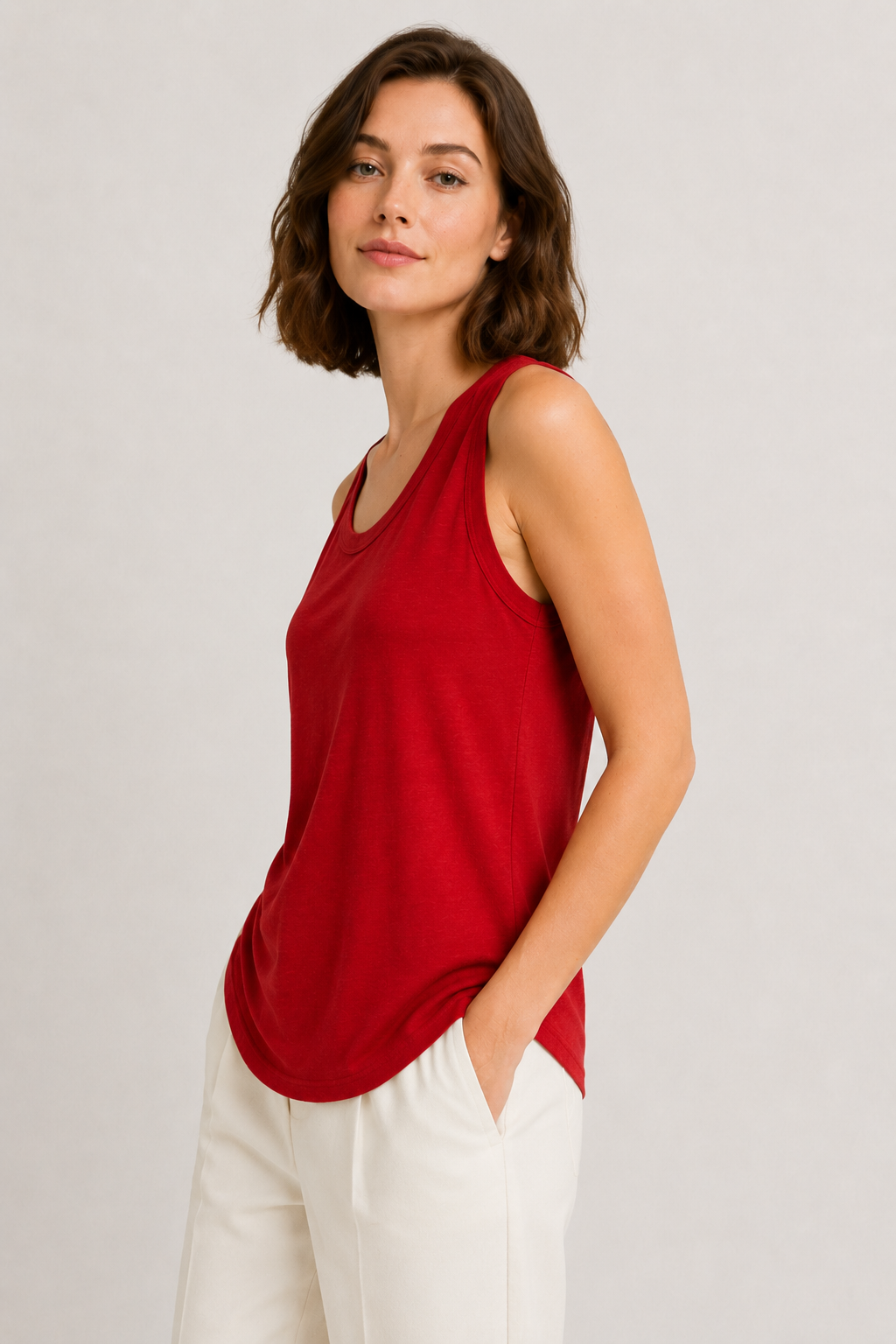 Woman wearing the Lohnr Zarah Tank with a scoop neck and effortless fit