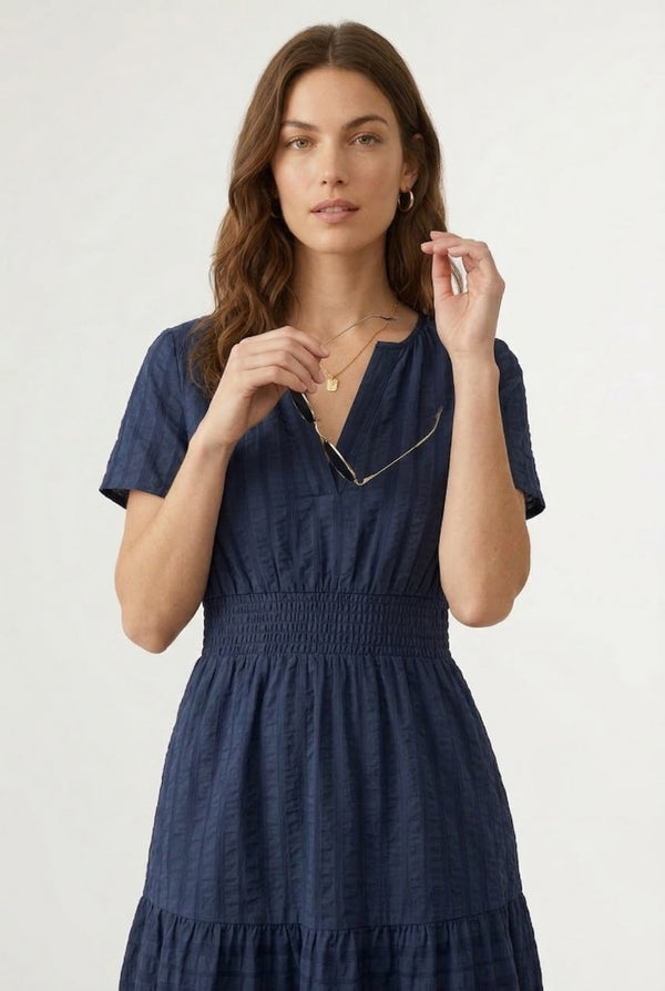 A woman wearing a dark navy Total Eclipse short-sleeve midi dress with a button-down front.