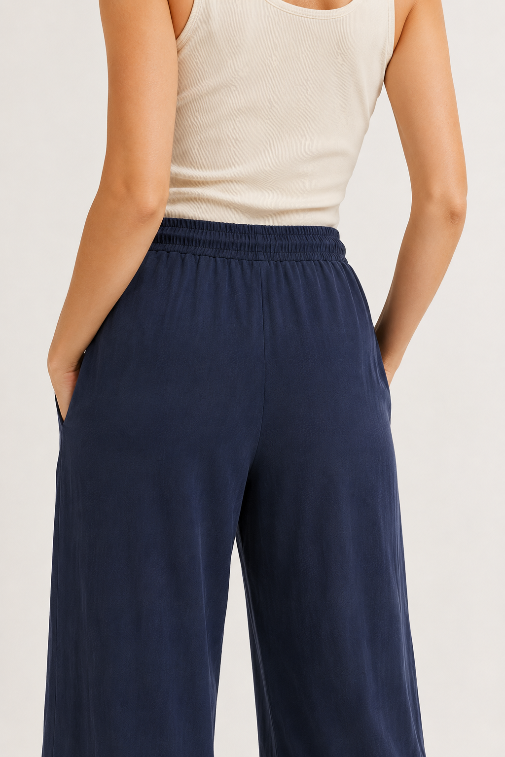 Woman wearing premium minimalist wide leg lounge pants