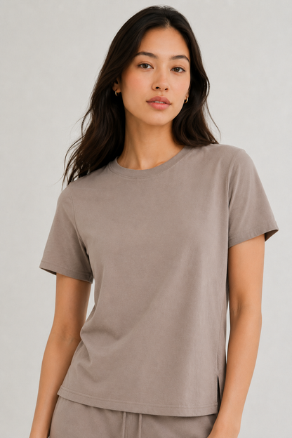 Womens casual truffle brown short sleeve t-shirt mini dress
