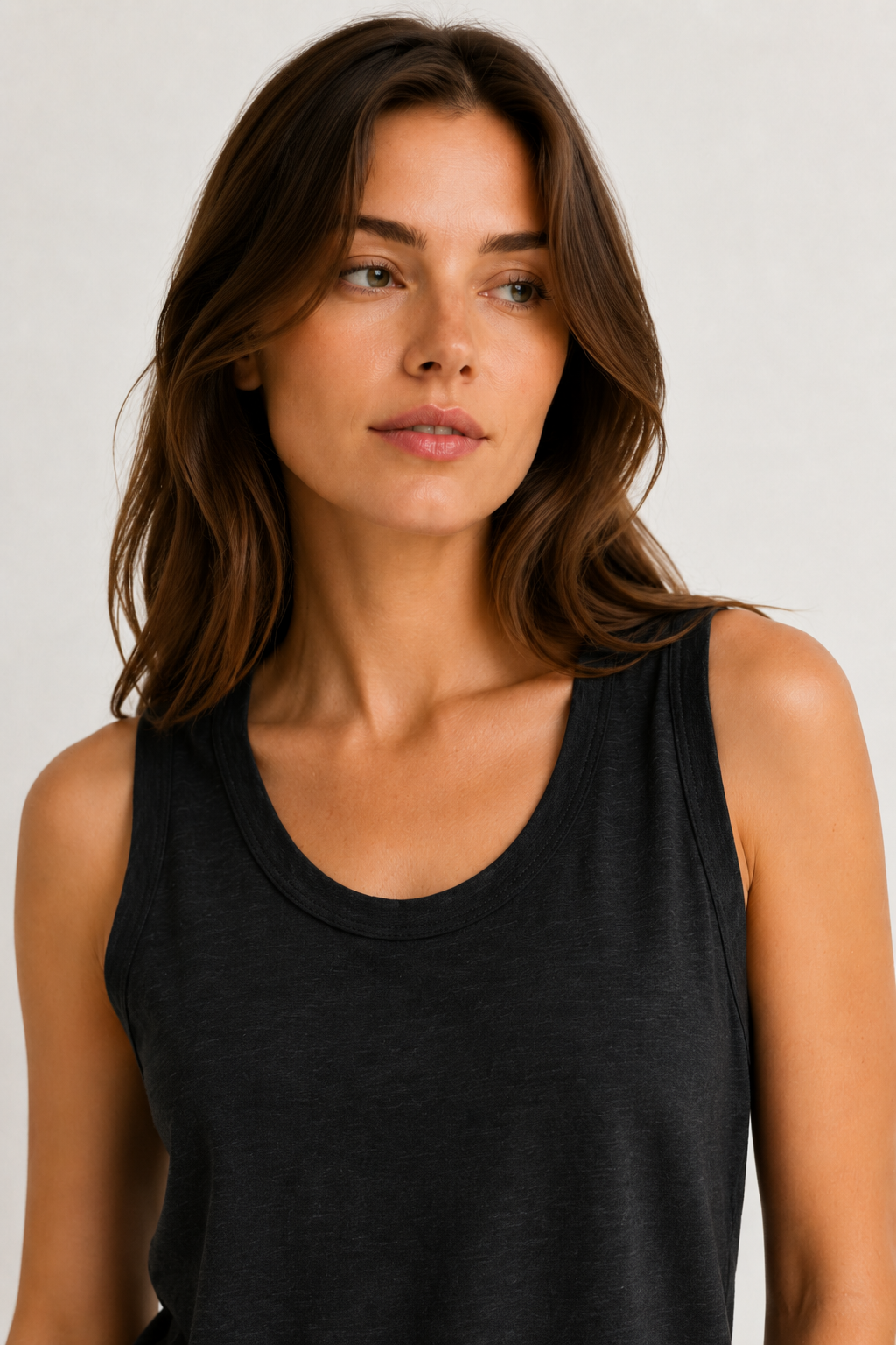 Woman wearing the Lohnr Zarah Tank with a scoop neck and effortless fit